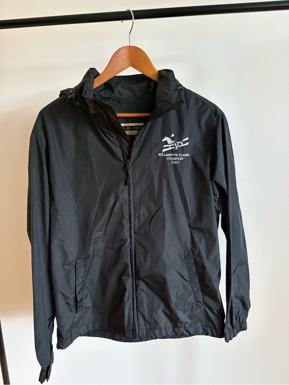 Women's Black Windbreaker Jacket with Hood - Event Logo Detail